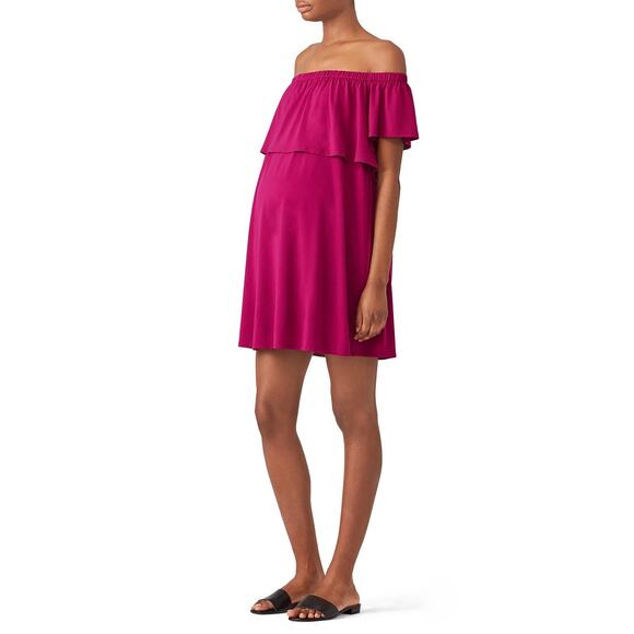 Rosie Pope Luisa Maternity Dress Women's Small Fuchsia Ruffled Off Shoulder - Picture 1 of 13